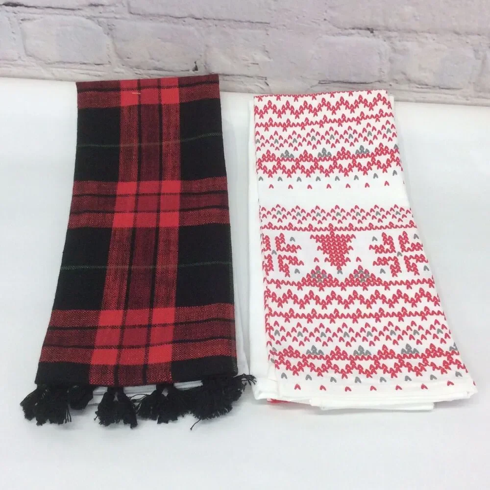 Merry Christmas Holiday Theme 4 Pc Kitchen Tea Towel Set Red/Black/White Cotton